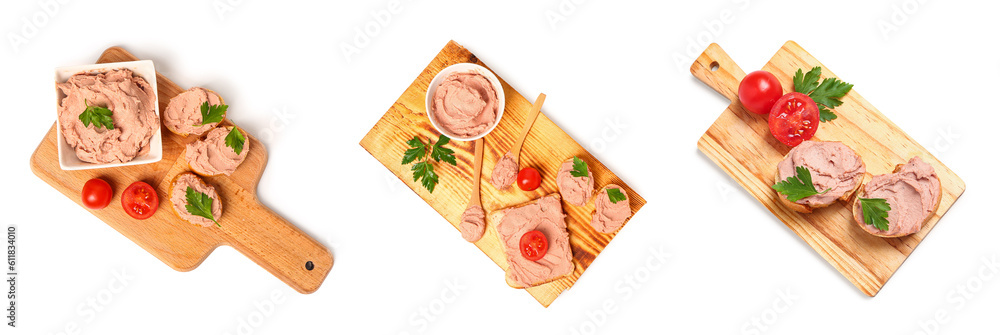 Collage of wooden boards with tasty pate on white background, top view