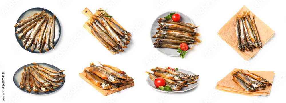 Collage of delicious smoked capelin fish on white background