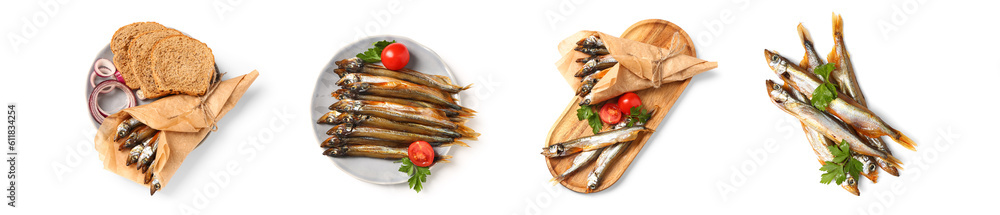 Collage of delicious smoked capelin fish on white background, top view