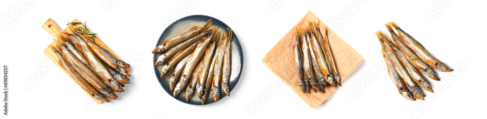 Collage of delicious smoked capelin fish on white background, top view