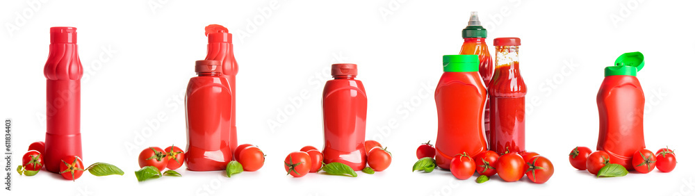 Set of tasty ketchup on white background