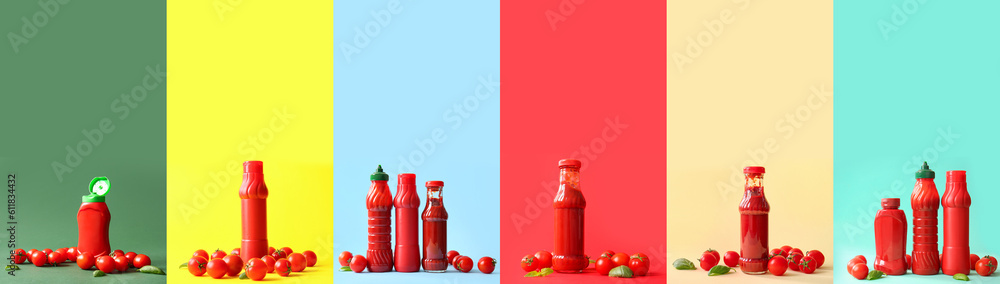 Set of tasty ketchup on color background