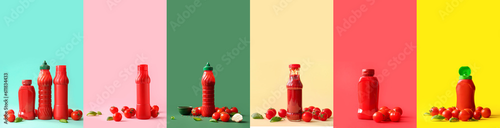 Set of tasty ketchup on color background