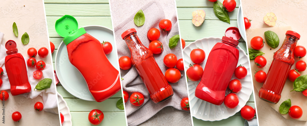 Collage with bottles of tasty ketchup, top view