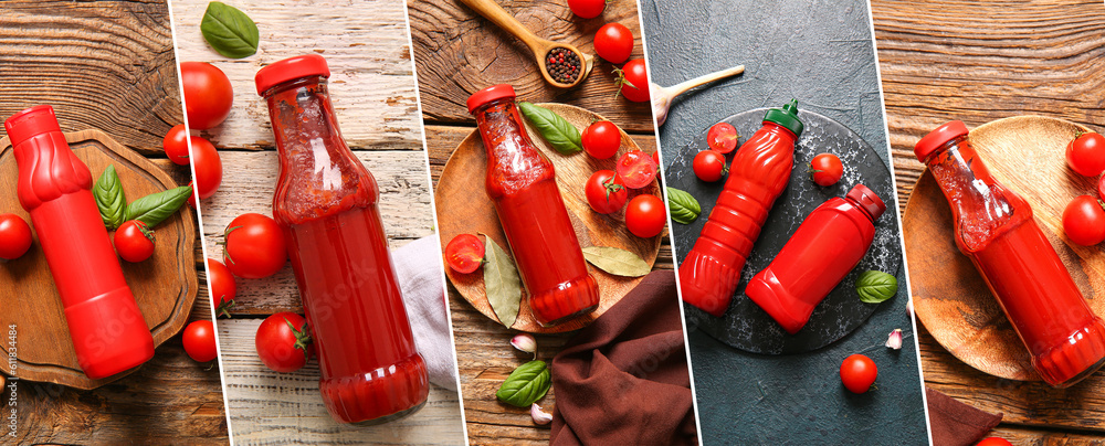 Collage with bottles of tasty ketchup, top view