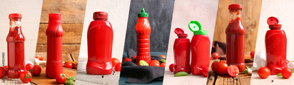 Collage with bottles of tasty ketchup