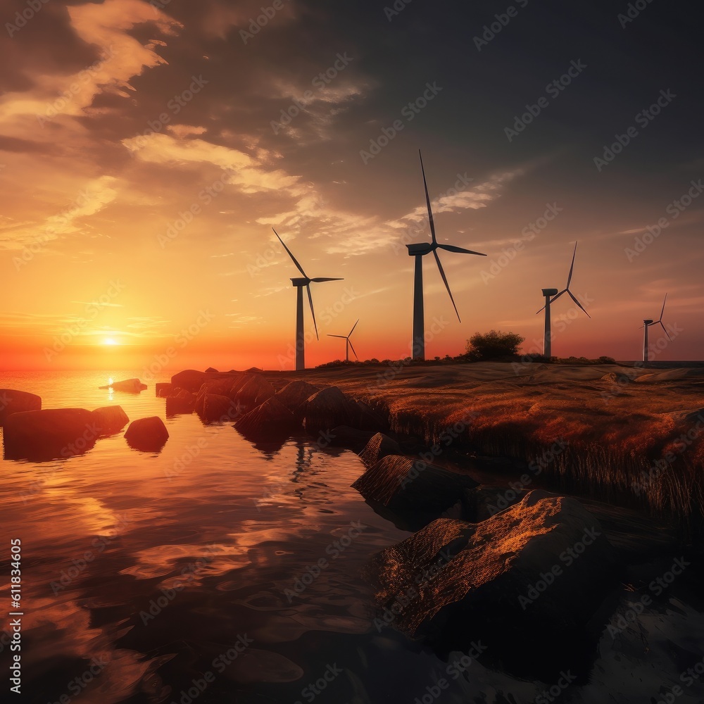  Wind farm eco field, Green ecological power energy generation, Capture the structures at sunrise, A