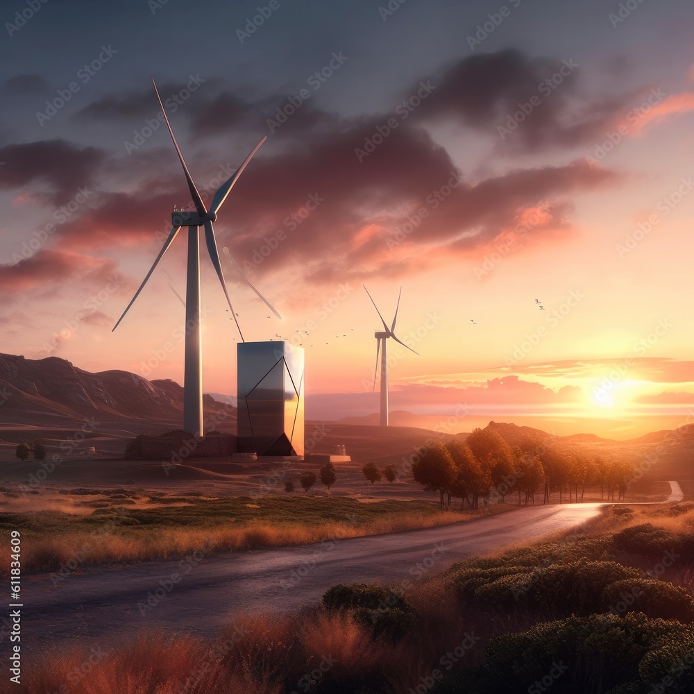  Wind farm eco field, Green ecological power energy generation, Capture the structures at sunrise, A