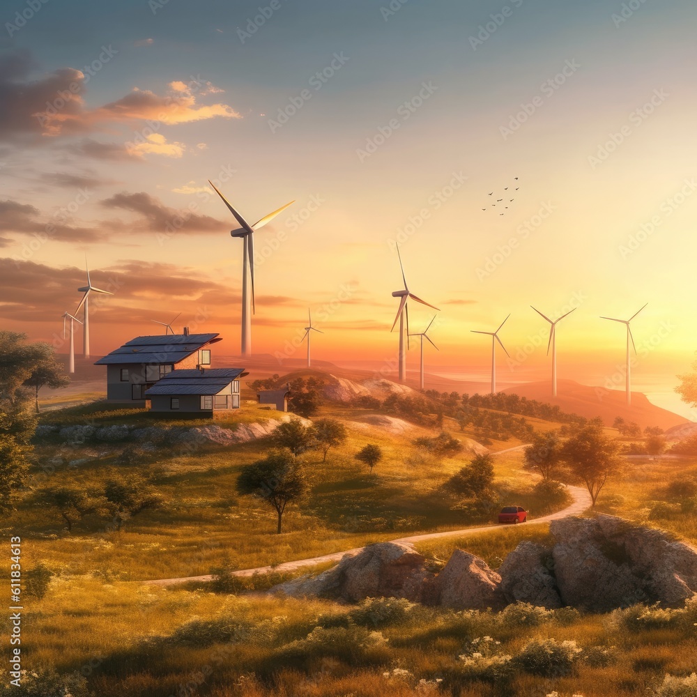  Wind farm eco field, Green ecological power energy generation, Capture the structures at sunrise, A