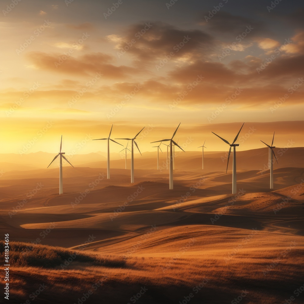 Wind turbines on beautiful sunny summer autumn mountain landsape, Curvy road through mountain Eolic 