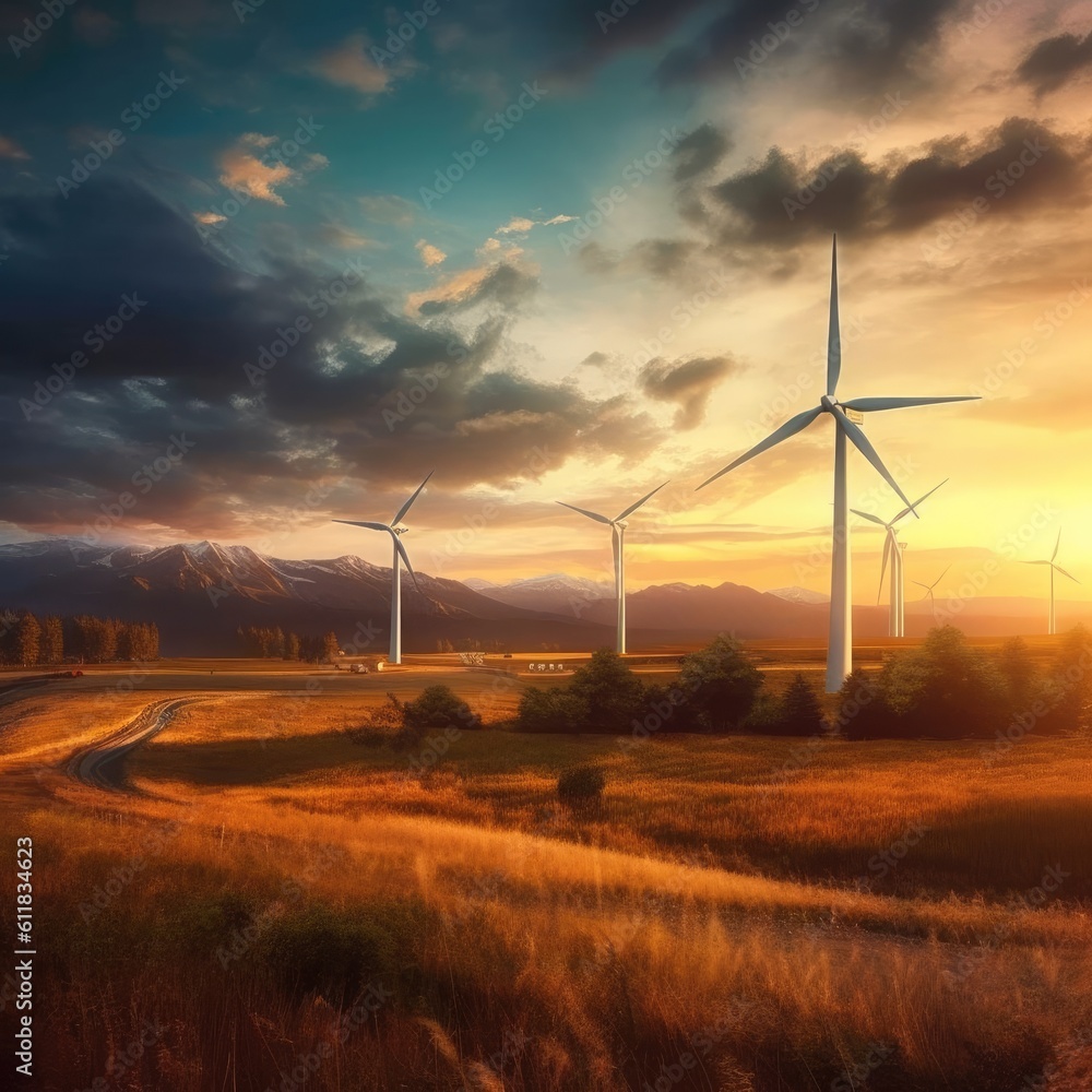  Wind farm eco field, Green ecological power energy generation, Capture the structures at sunrise, A