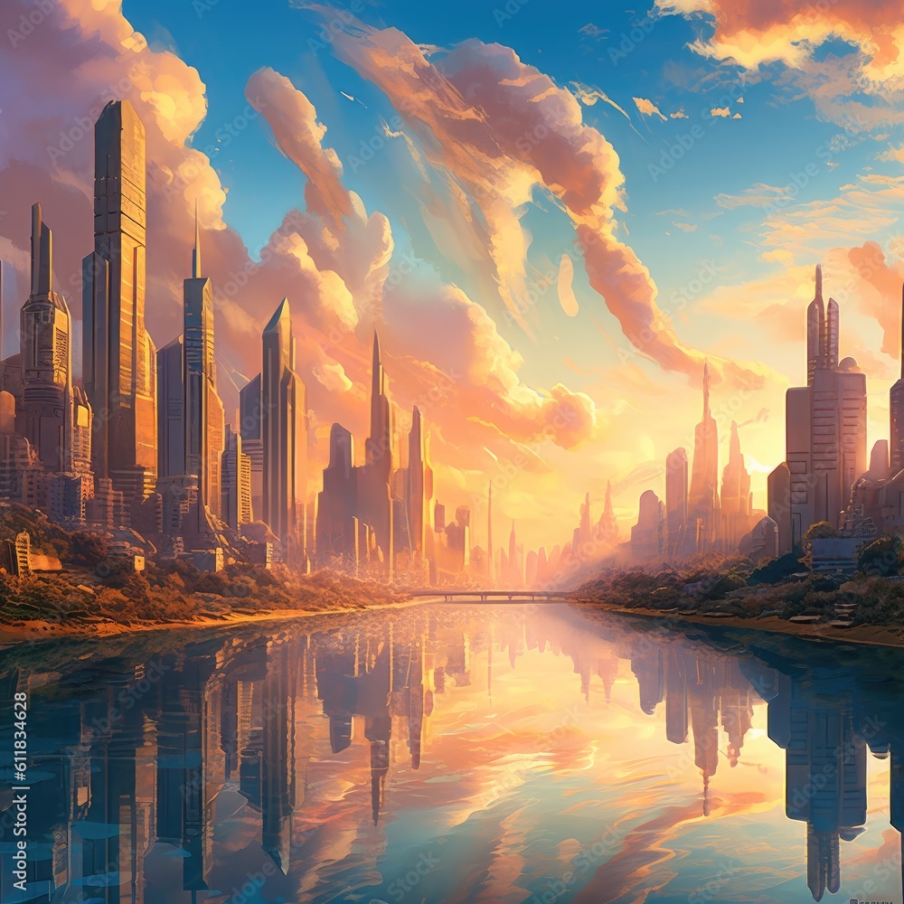 Futuristic cityscape surrounded by lakes at sunset, Fantasy, futuristic, AI generated.