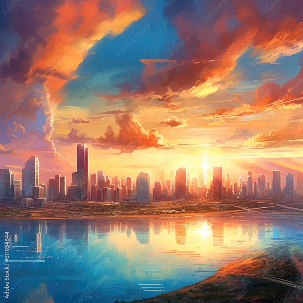 Landscape of a dense futuristic city filled with skyscrapers at sunset, Surrounded by lakes, AI gene