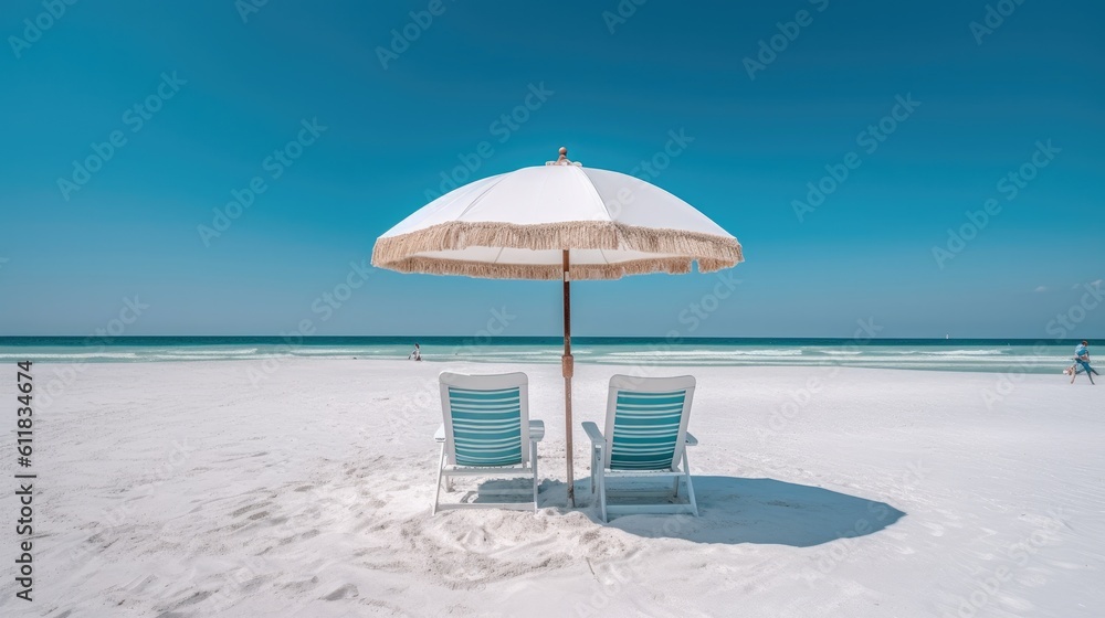 Chairs on Beach,Blue sea and white sand beach with beach chairs and parasol, AI generated.