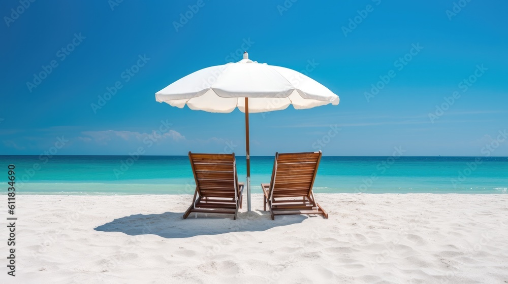 Vacations and Summer holiday travel concept, Beach chairs and an umbrella on a white sand beach, AI 