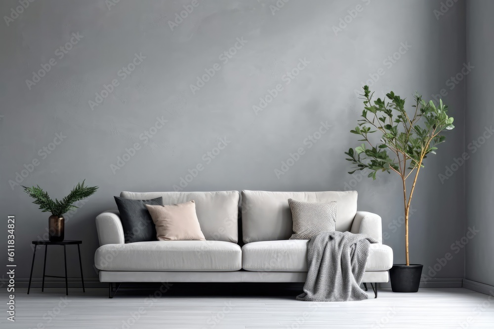 Modern living room interior with sofa and gray wall background, Minimal designs, AI generated.