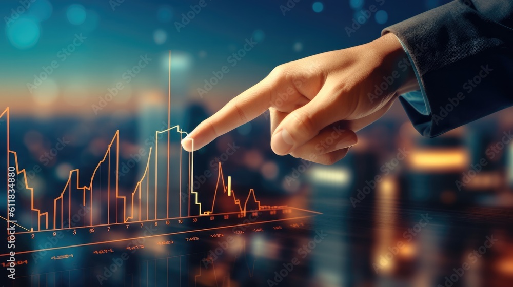 Finger businessman pointing at a hologram screen of financial statistics, Strategy and planning , AI