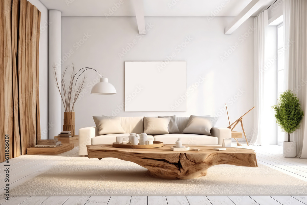 Interior living room with sofa, Scandinavian interior design, AI generated.