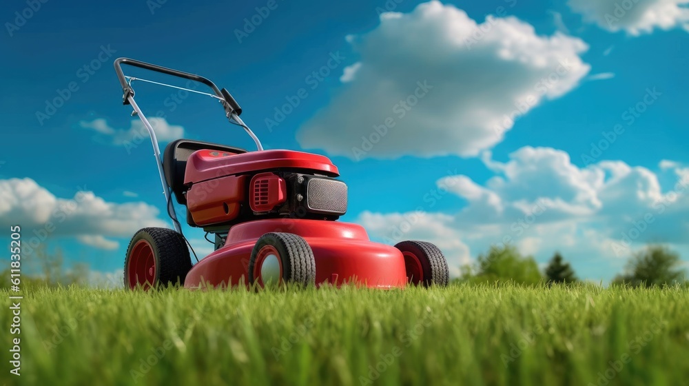 Lawn mower on green field, Summer lawn backyard background, AI generated.