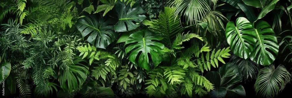 Nature wall, Tropical rainforest foliage plants bushes, ferns, palm, Philodendrons and tropical plan