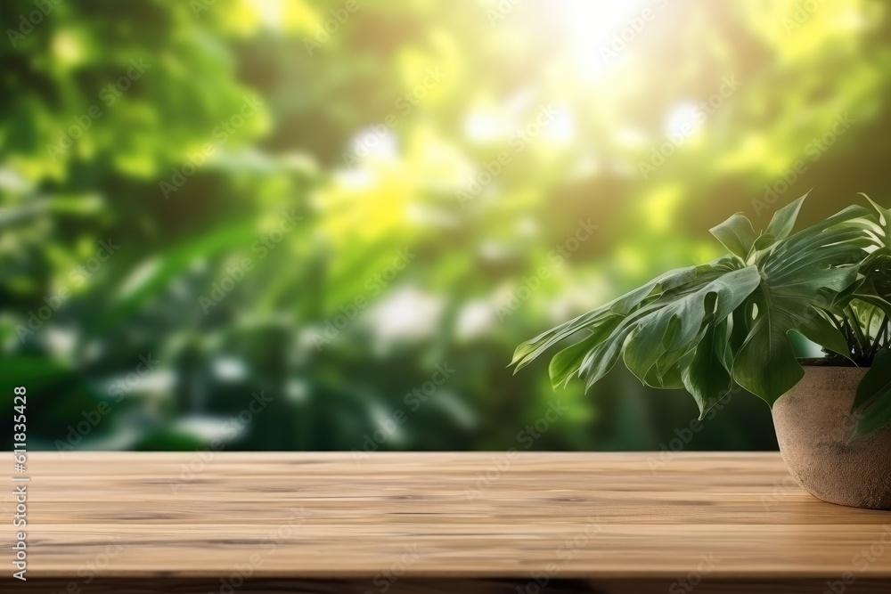 Wooden floor top with branch of green leaves on the nature blurred background with bokeh lights, AI 