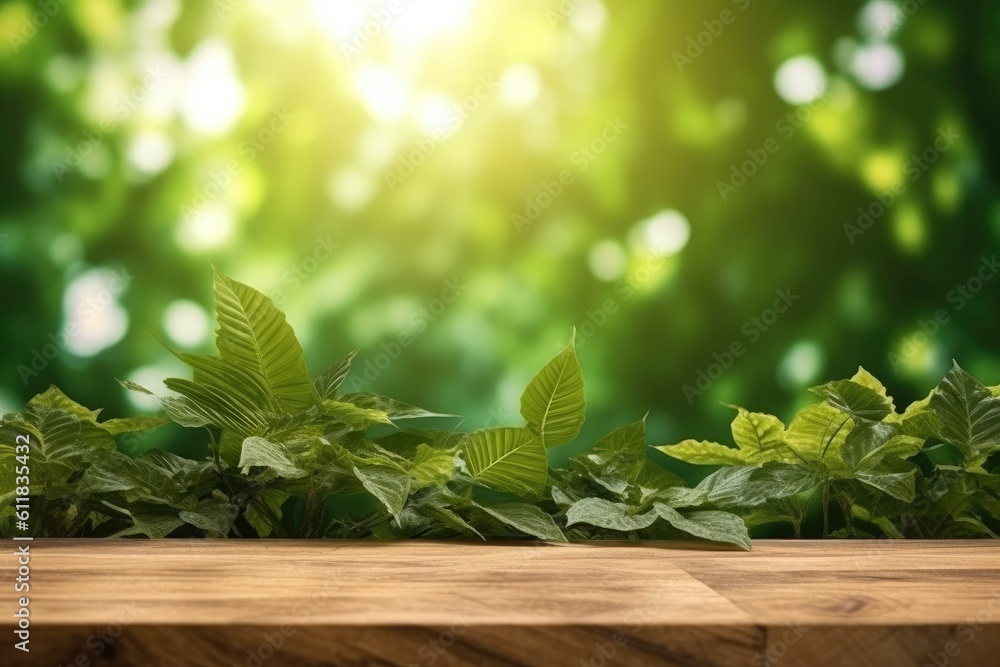 Wooden floor top with branch of green leaves on the nature blurred background with bokeh lights, AI 