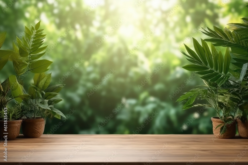 Product display concept of wooden floor at blur trees in park bokeh background in summer, AI generat