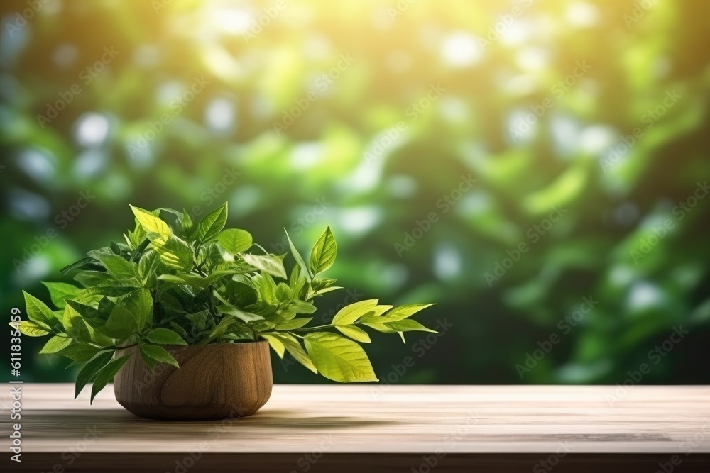 Wooden floor top with branch of green leaves on the nature blurred background with bokeh lights, AI 