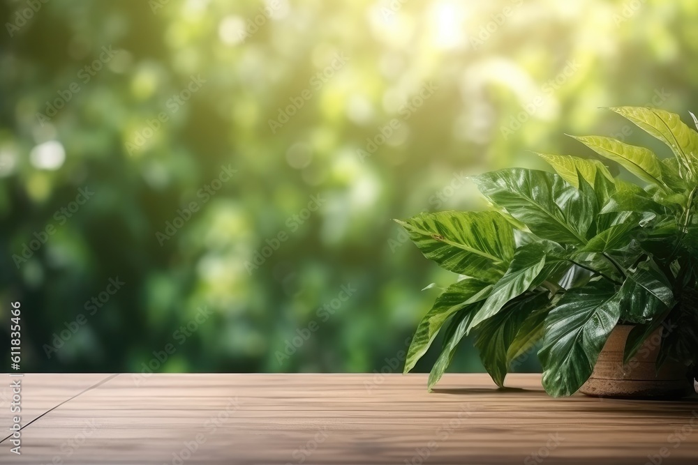 Brown natural wood floor with blurred green background, Morning light theme, eco friendly concept, A