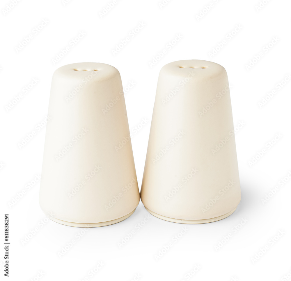 Ceramic salt and pepper shakers isolated on white background