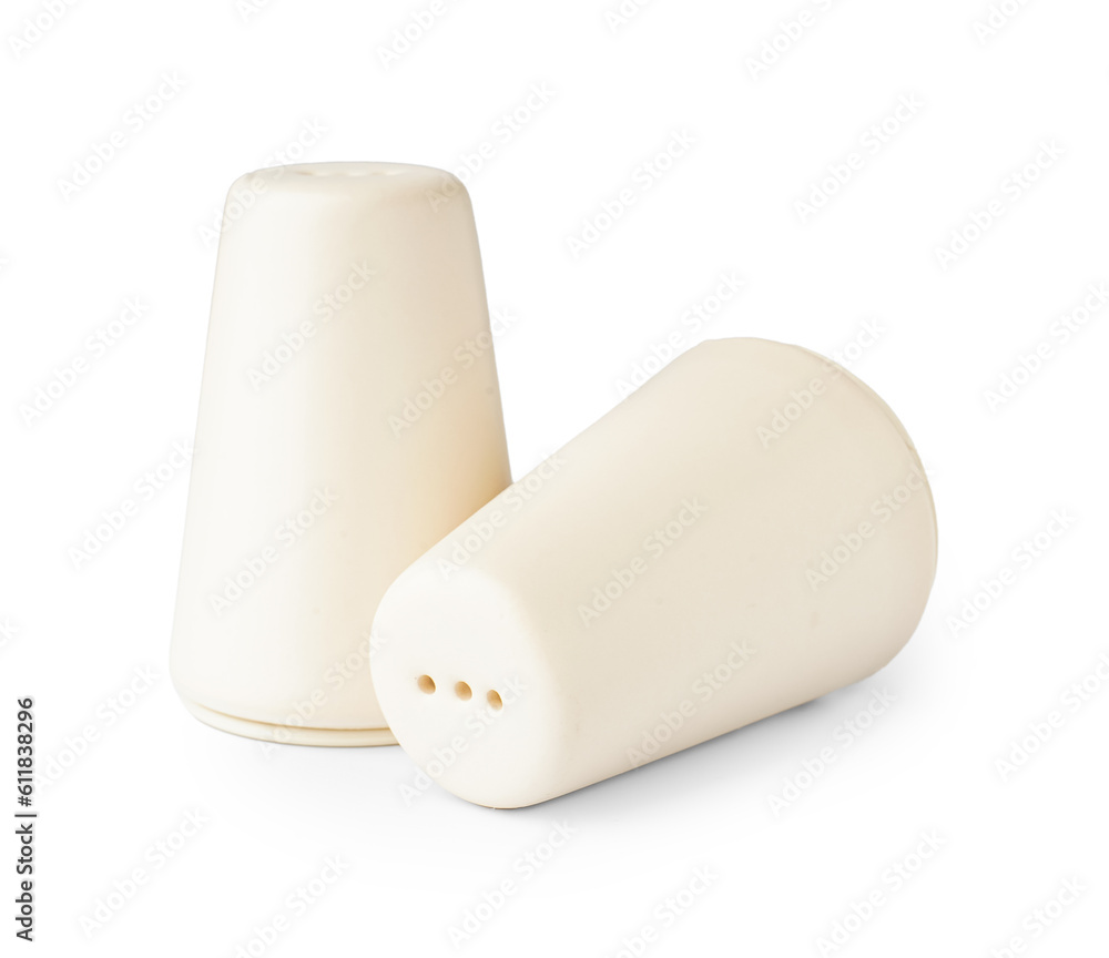 Ceramic salt and pepper shakers isolated on white background