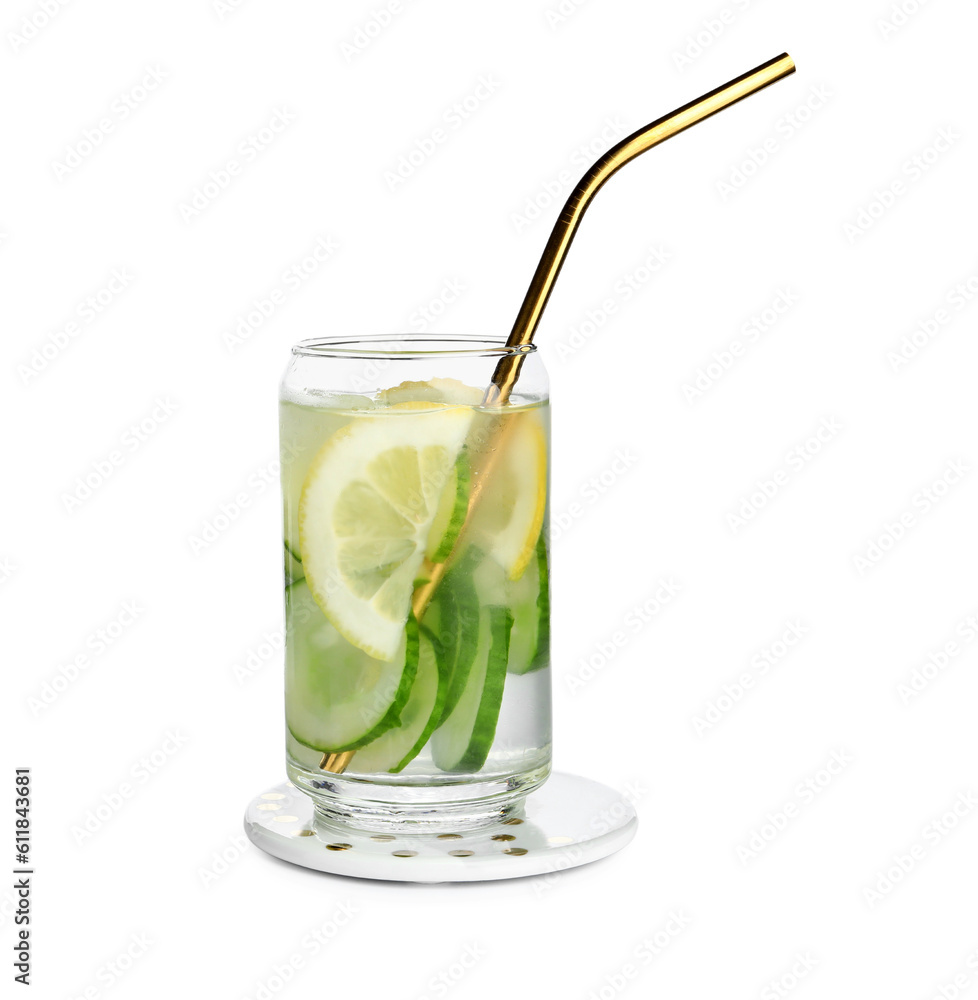 Glass of infused water with cucumber slices on white background