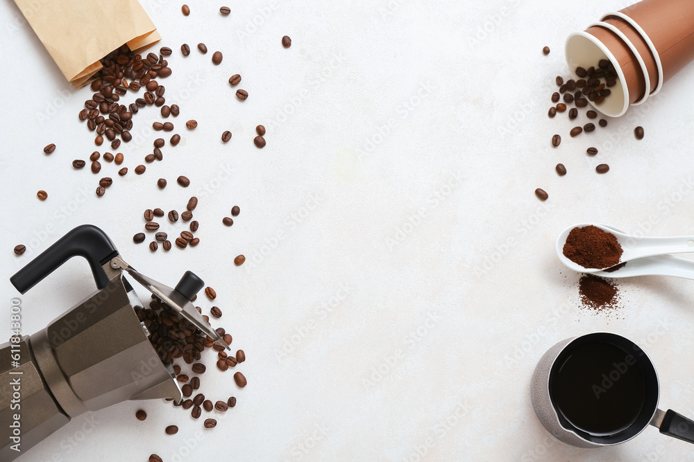 Frame made of geyser coffee maker, beans and cezve on light background