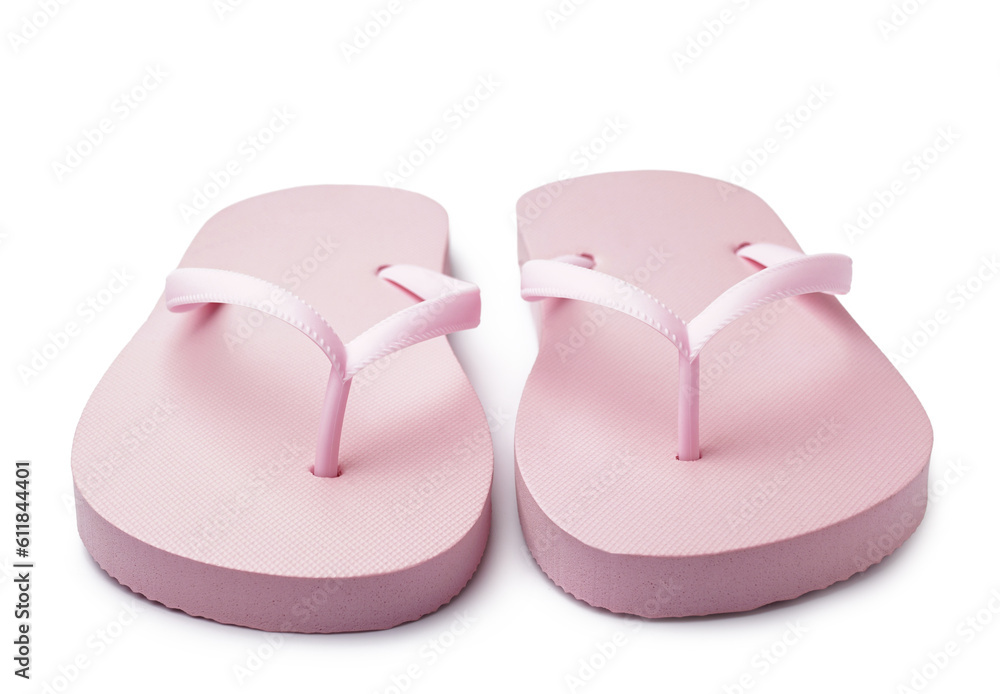 Pair of stylish pink flip-flops on white background