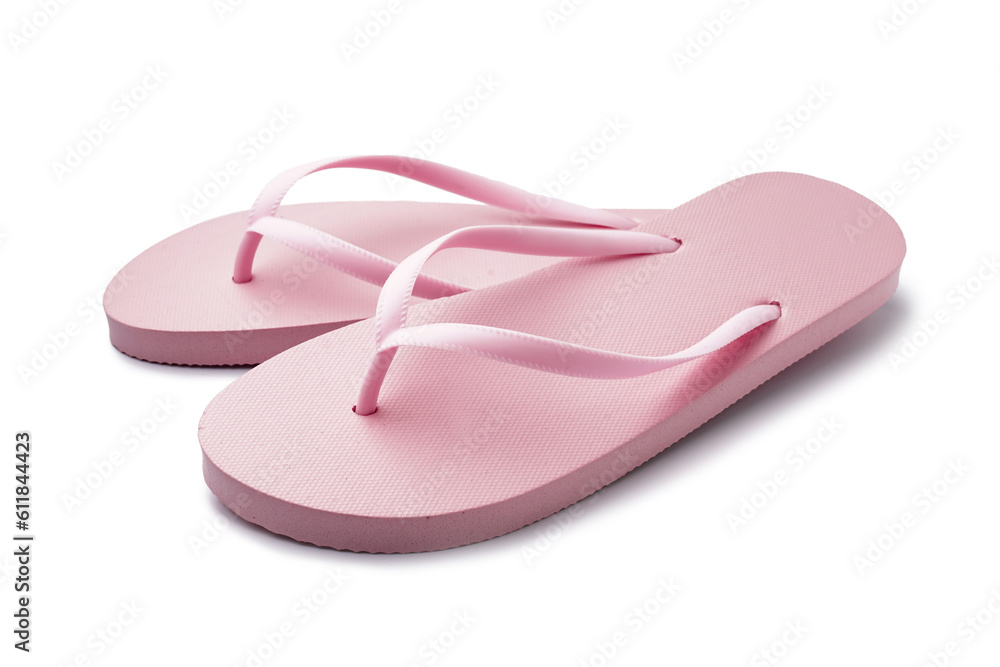 Pair of stylish pink flip-flops on white background