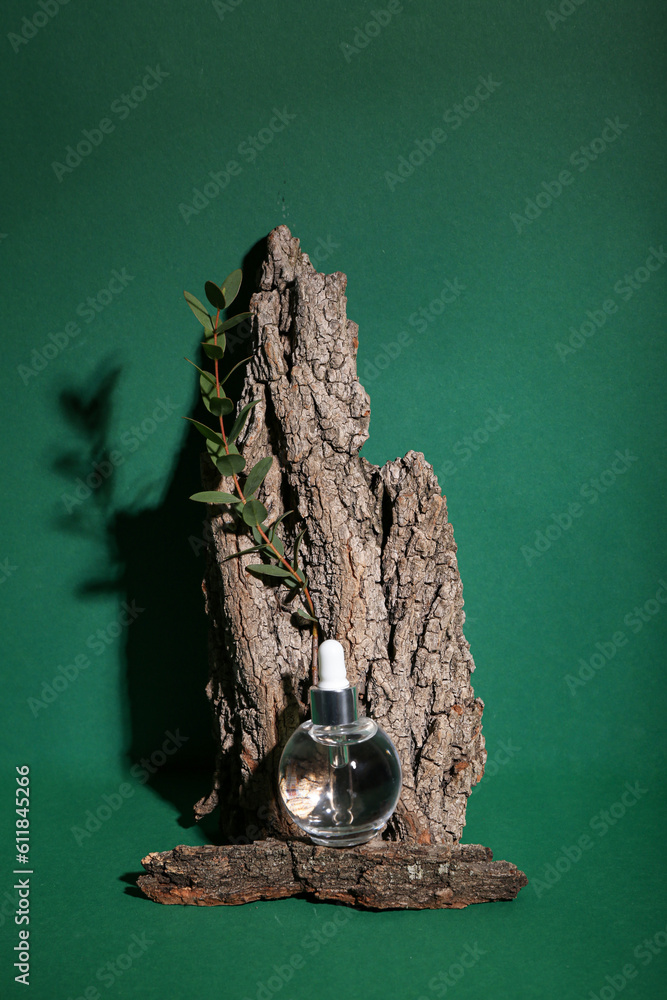 Composition with bottle of essential oil, tree bark and eucalyptus branch on green background