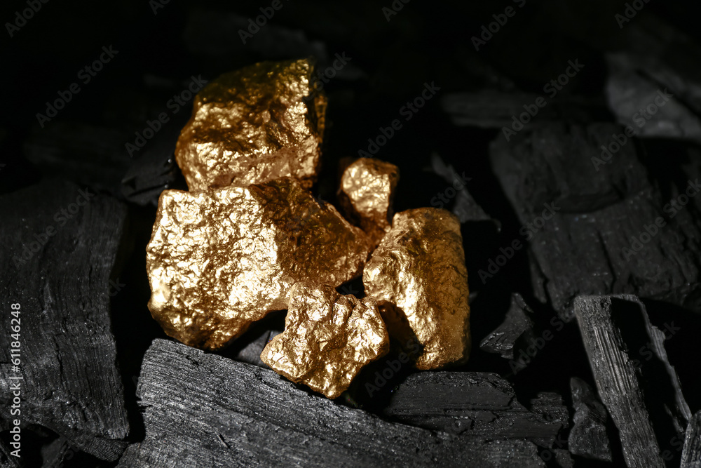 Golden nuggets on black charcoal