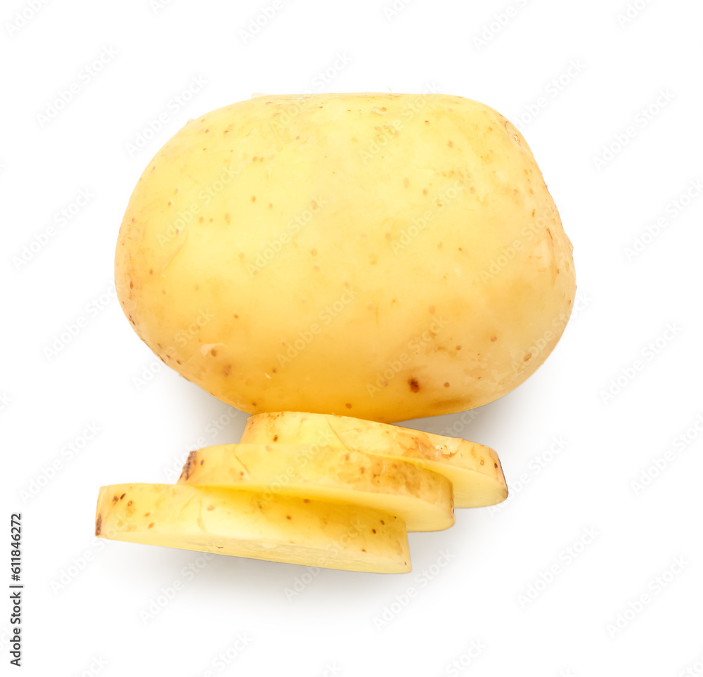 Slices of raw baby potatoes on white background