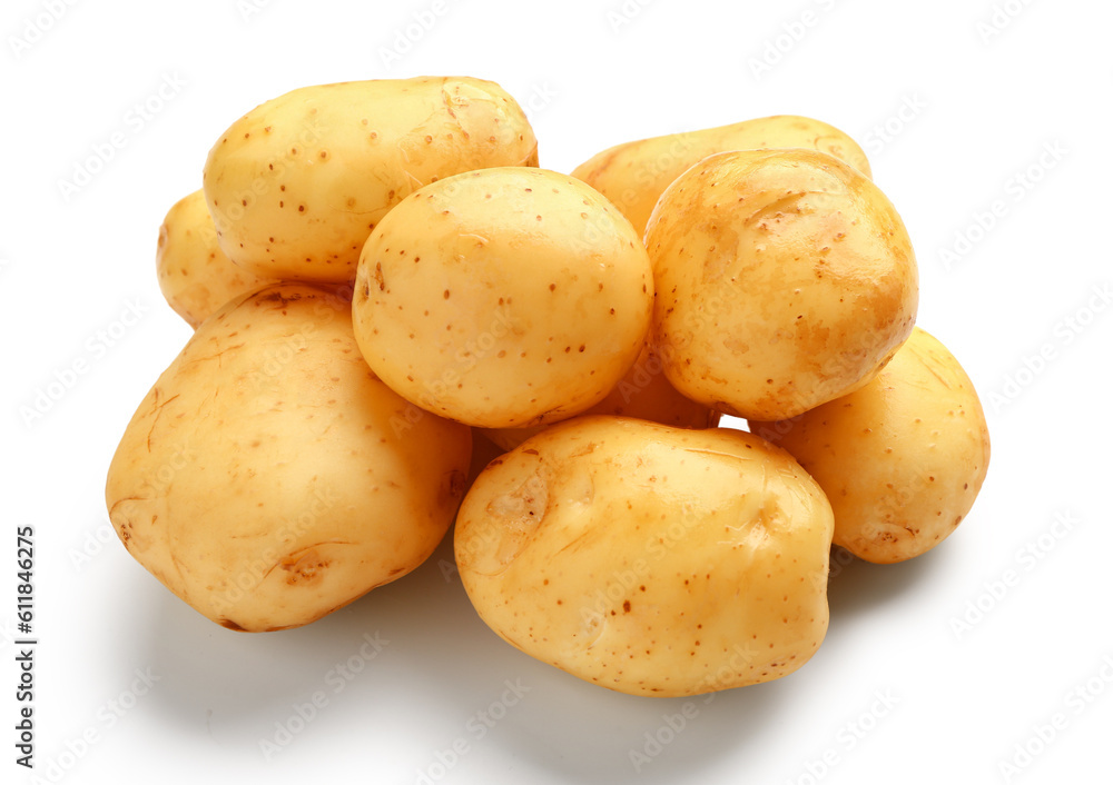 Heap of raw baby potatoes on white background