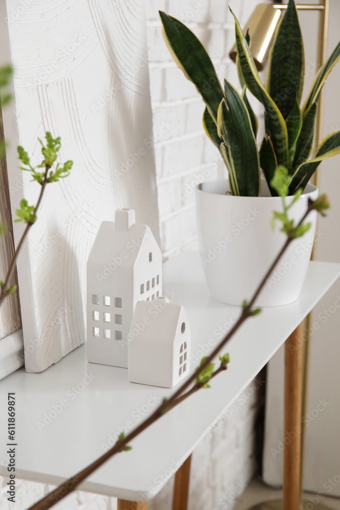 Houseplant and decor on light table in room, closeup