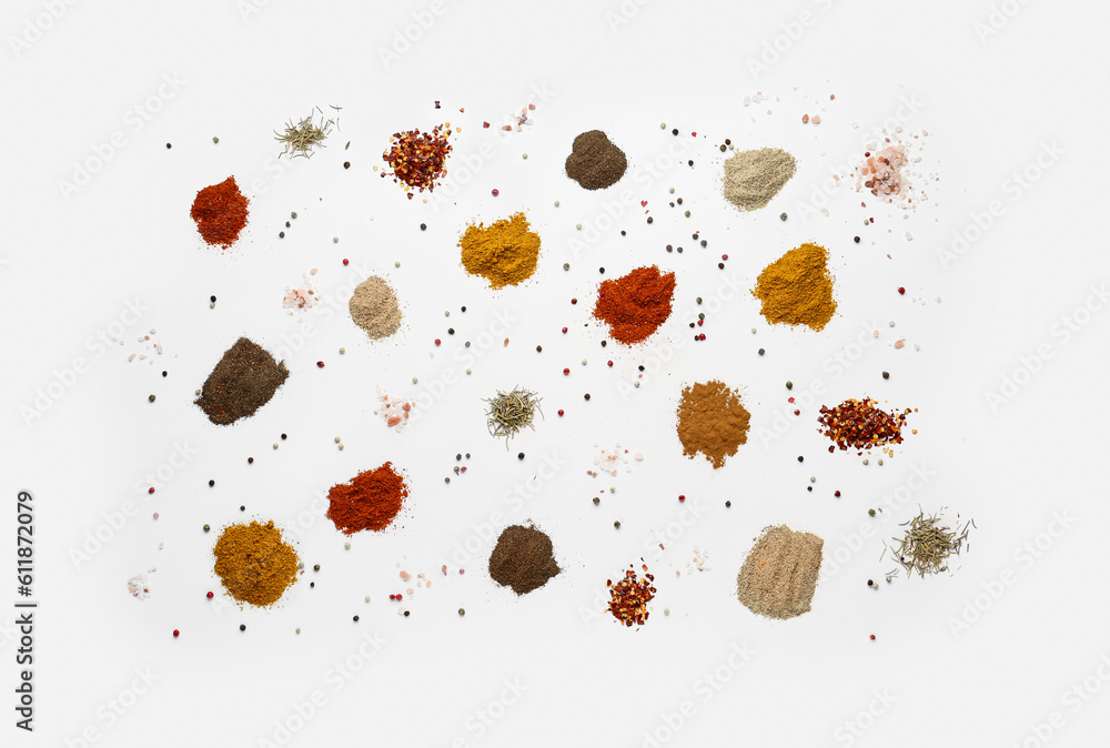 Composition with fresh aromatic spices on light background