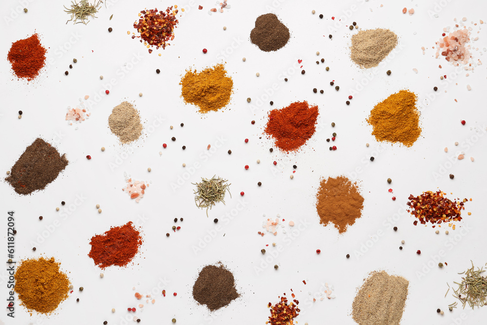 Composition with fresh aromatic spices on light background