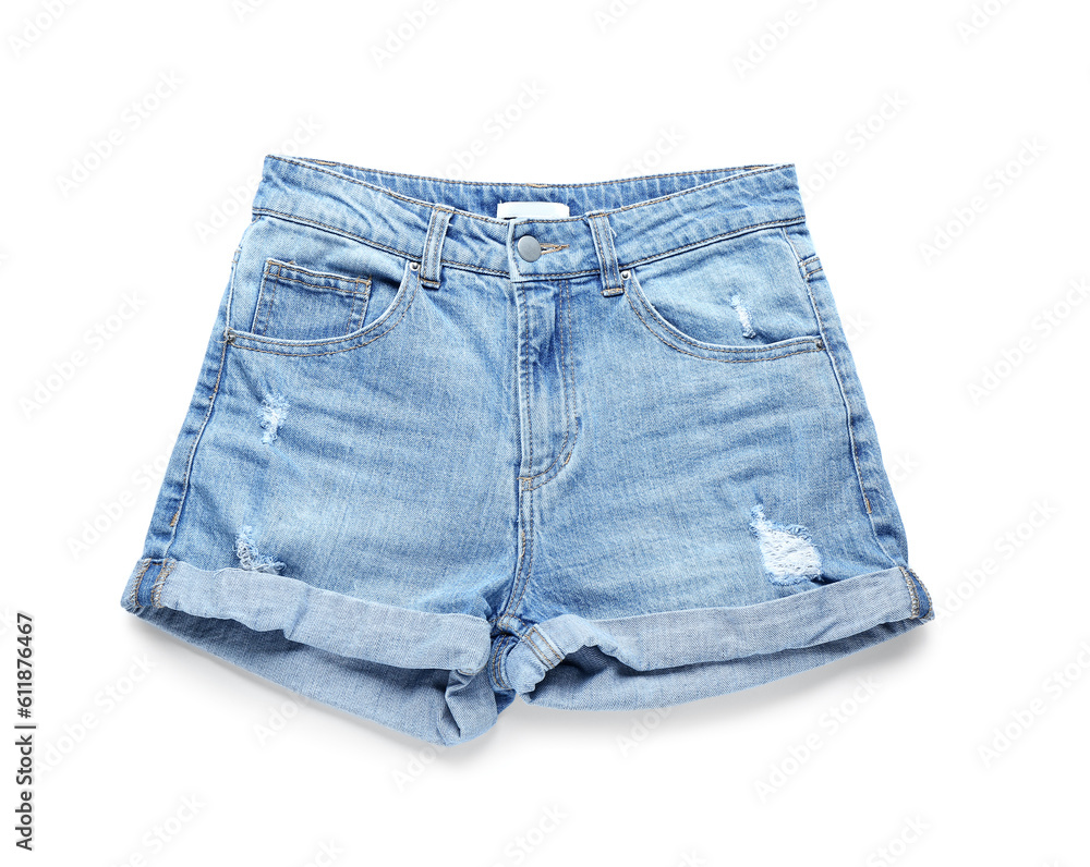 Denim shorts on white background