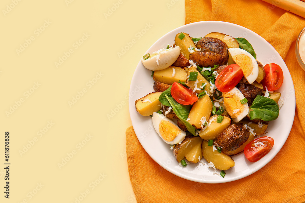 Plate of tasty potato salad with eggs and tomatoes on beige background, top view