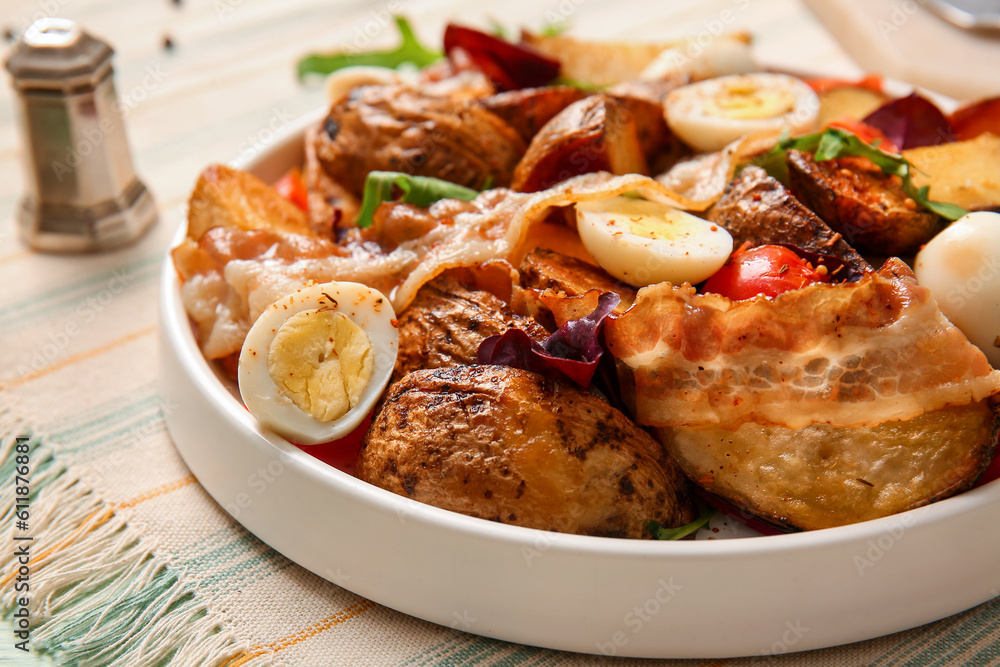 Plate of tasty potato salad with eggs, tomatoes and bacon on table, closeup