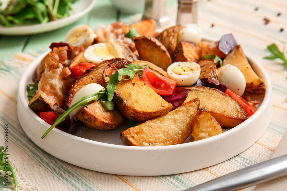 Plate of tasty potato salad with eggs, tomatoes and bacon on table, closeup