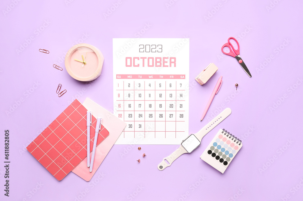 Composition with calendar, smartwatch, alarm clock and stationary on lilac background