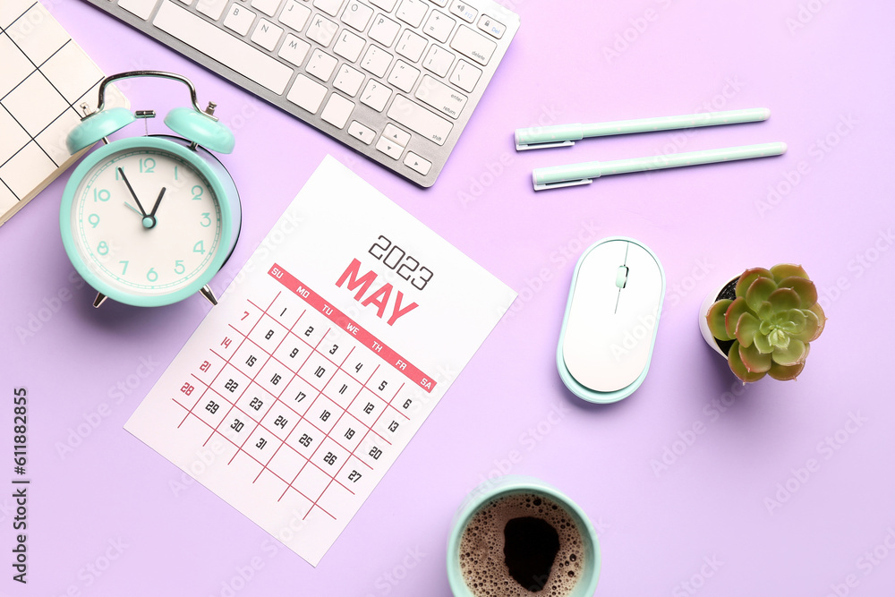 Composition with calendar, alarm clock, cup of coffee and keyboard on lilac background