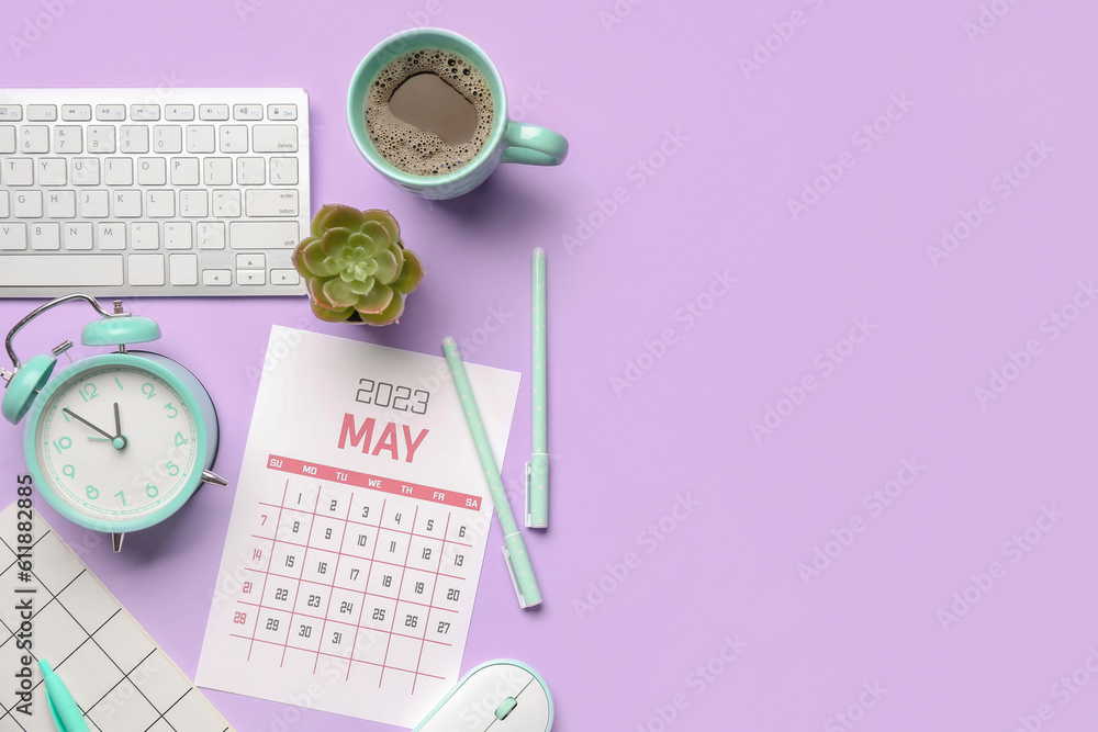 Composition with calendar, alarm clock, cup of coffee and keyboard on lilac background