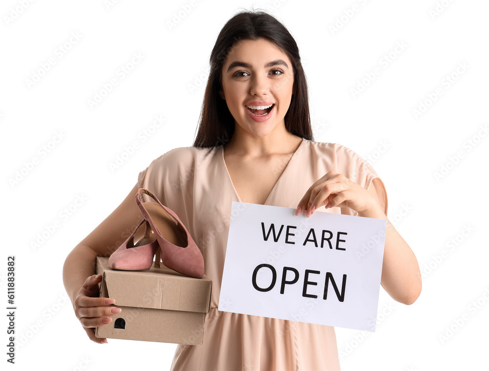 Female seller with shoe box and opening sign on white background